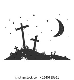 Vector dibujado a mano de tumbas con cruces, aislado en fondo blanco.