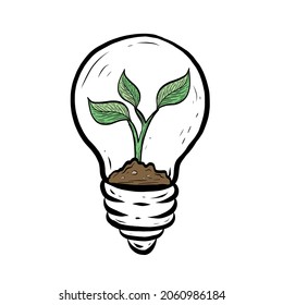 Hand Drawn Vector Green eco energy concept illustration. Plant growing inside the light bulb. Isolated Light Bulb Illustration. Clean Energy and Renewable Power Concept. Alternative Solutions Icon.