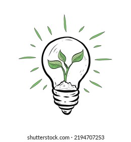 Hand Drawn Vector Green eco energy concept illustration. Plant growing inside the light bulb. Vector green energy concept. Green energy and Clean Environment Concept Isolated Design Element.