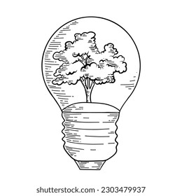 Hand Drawn Vector Green eco energy concept illustration. Plant growing inside the light bulb. Isolated Light Bulb Illustration. Clean Energy and Renewable Power Concept. Alternative Solutions Icon.