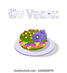 Hand drawn vector green vegan burger with go vegan lettering. Sustainable eating