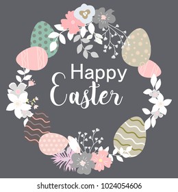 Hand drawn vector greeting card. Happy Easter day wreath. Colorful easter eggs, spring flowers, blossom. Lettering.