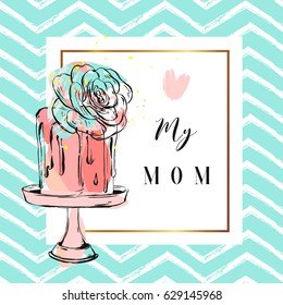 Hand drawn vector greeting card with cake and succulent flower decoration on cake stand with Love my mom quote isolated.Design for wedding,birthday,save the date card,birthday,flayer,greeting,postcard