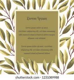 Hand drawn vector greeting or invitation card with green textured leaves 
