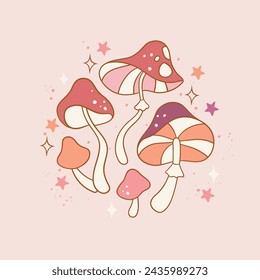 
Hand drawn vector groovy psychedelic vintage mushrooms and stars. Perfect for summer t-shirt logo design, greeting card, poster, invitation or nursery print.
