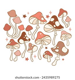 
Hand drawn vector groovy psychedelic vintage mushrooms and stars. Perfect for summer t-shirt logo design, greeting card, poster, invitation or nursery print.
