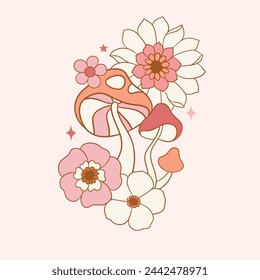 
Hand drawn vector groovy psychedelic vintage mushrooms and stars. Perfect for summer t-shirt logo design, greeting card, poster, invitation or nursery print.
