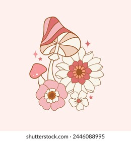 Handgezeichnete Vektorgrafik groovig psychedelische Vintage Pilze, Blumen und Sterne. Perfekt für Sommer-T-Shirt-Logo-Design, Grußkarte, Poster, Einladung oder Kinderzimmer-Print.