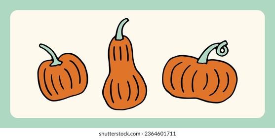 Hand drawn vector groovy pumpkins. Cute flat pumpkin for Halloween design, posters and prints. Trendy cartoon illustration. Trick or Treat art. Colored spooky festive elements