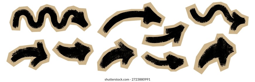 Hand drawn vector grunge arrows set for scrapbook collage design. Bold chalk texture, rough scribble lines create expressive navigation elements for journals, zines, DIY crafts, creative paper layouts