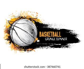 Hand drawn vector grunge banner with basketball ball, stylish composition and orange watercolor background, in doodle style