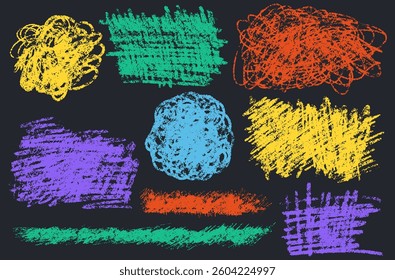 Hand drawn vector grunge bold shapes, curved lines and dots set. Geometric set in kid style. Collection of grunge swirl brush stroke, curly and straight lines. Bold lines chalk and coal.