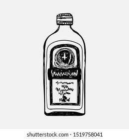 Hand drawn Vector grunge glass bottle of alcoholic beverages illustration
