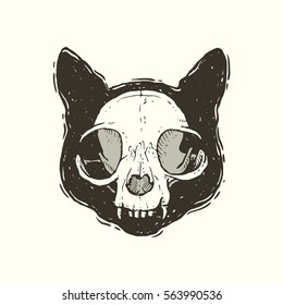 Hand drawn vector grunge illustration of the cat head silhouette with scull