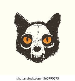 Hand drawn vector grunge illustration of the cat head silhouette with scull and eyes