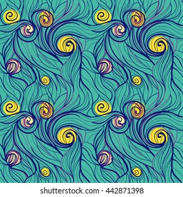 Hand drawn vector hair seamless pattern in Van Gogh style. 