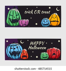 Hand drawn vector halloween cards with  jack o'lantern pumpkins.