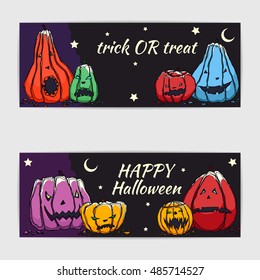 Hand drawn vector halloween cards with  jack o'lantern pumpkins.