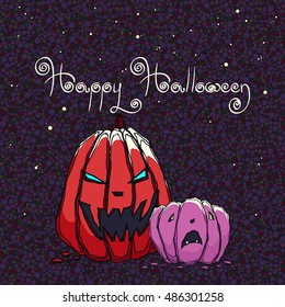 Hand drawn vector halloween cards with  jack o'lantern pumpkins.