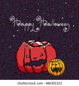 Hand drawn vector halloween cards with  jack o'lantern pumpkins.