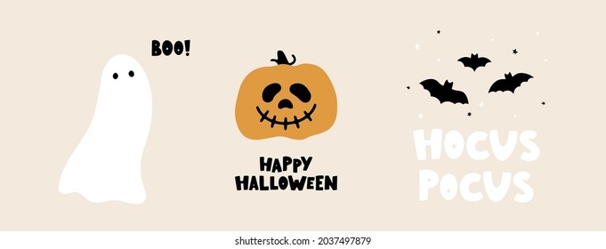 Hand drawn vector Halloween compositions with traditional elements. Ghost, skull, pumpkin, bat, balloon. Funny and spooky vector illustrations for Halloween party and autumn holidays