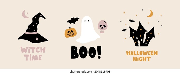 Hand drawn vector Halloween compositions with traditional elements. Ghost, skull, pumpkin, bat, balloon. Funny and spooky vector illustrations for Halloween party and autumn holidays