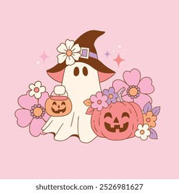 Hand drawn vector Halloween ghost, pumpkin and flowers. Cute retro Halloween characters. EPS 10 vector file. Perfect for tee shirt logo, greeting card, poster or nursery print design.