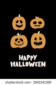 Hand drawn vector Halloween greeting card with funny and spooky pumpkin. Happy Halloween poster for holidays and decorative design. Trick or treat cartoon composition. Festive flat vector illustration