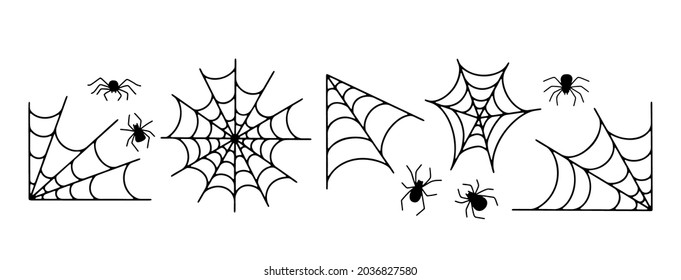 Dibujo manual vectorial de Halloween ilustración con arañas y telaraña aisladas en fondo blanco. Elementos vectores espeluznantes y espeluznantes para la fiesta de Halloween y las vacaciones de otoño. Gráficos gráficos planos