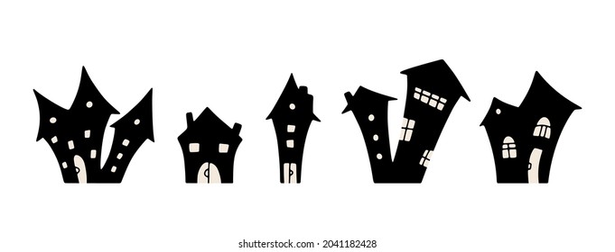 Hand drawn vector Halloween illustration with houses isolated on white background. Spooky and funny vector elements for Halloween party and autumn holidays. Flat cartoon graphics