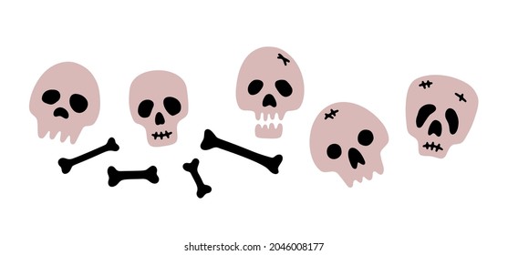 Hand drawn vector Halloween illustration with skulls and bones isolated on white background. Funny and spooky vector elements for Halloween party and autumn holidays. Flat cartoon graphic element