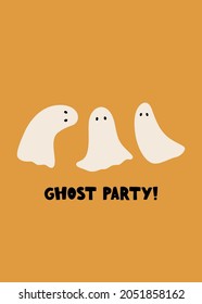 Hand drawn vector Halloween illustration with cute ghost. Funny vector character. Happy Halloween card. Ghost party. Trick or treat cartoon composition. Festive flat illustration for autumn holidays