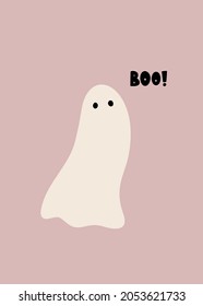 Hand drawn vector Halloween illustration with cute ghost. Funny vector character. Happy Halloween card. Ghost party. Trick or treat cartoon composition. Festive flat illustration for autumn holidays