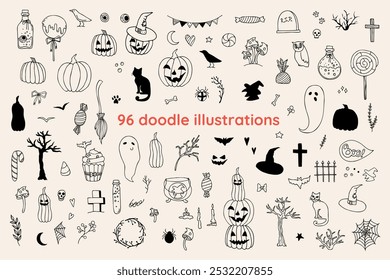 Ilustraciones de Halloween de Vector dibujadas a mano en estilo doodle. Grandes Elementos incluyendo calabazas, fantasma, gato, murciélago, árbol y rama, caramelos, botellas con pociones y más.