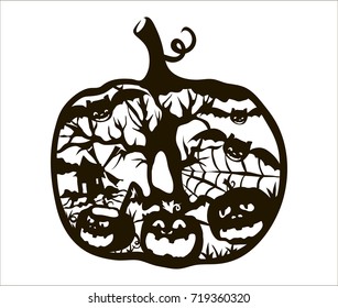 Hand drawn vector halloween Jack o' Lantern pumpkin frame. Laser cutting template for greeting cards.  