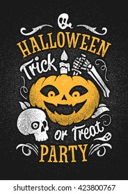 Hand drawn vector halloween party poster. Smiling Jack the lantern and a skull. Hand lettering fonts. Grunge weathered effects, black white and orange colors.