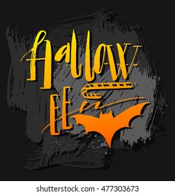 Hand drawn vector Halloween Poster with handwritten modern lettering word Halloween,bat and candy in orange colors.Design element for halloween party or sign isolated on black chalkboard background.