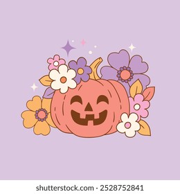 Hand drawn vector Halloween pumpkin with flowers. Cute retro Halloween character. EPS 10 vector file. Perfect for tee shirt logo, greeting card, poster or nursery print design.