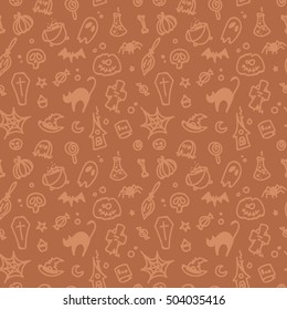 Hand drawn vector Halloween seamless pattern, icons of skull, spider, pumpkins, ghost. Design elements for halloween party poster. Flat cartoon illustration. Objects isolated on a orange background.