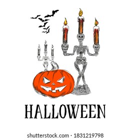 Hand drawn vector halloween skeleton and skull candlestick for three candles, pumpkin and bats