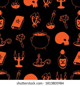 
Hand drawn vector Halloween theme doodle pattern in orange color with illustrations of potions, cauldron, candlesticks, poison, isoteric book, mushrooms, skull on black background.