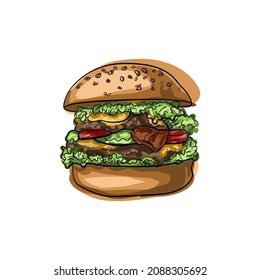 Hand drawn vector hamburger with cheese, lettuce, tomatoes and buns with sesame seeds. Junk food for children and adults. Fast food illustration