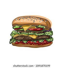 Hand drawn vector hamburger with cheese, lettuce, tomatoes and buns with sesame seeds. Junk food for children and adults. Fast food illustration