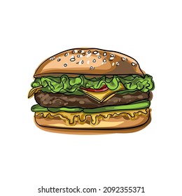 Hand drawn vector hamburger with cheese, lettuce, tomatoes and buns with sesame seeds. Junk food for children and adults. Fast food illustration