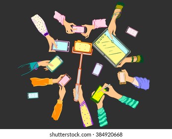 Hand drawn vector Hands with Phones and tablet. Group of hands with cell phones. Taking selfie pictures, speaking, touch the buttons. Woman hands holding smart phones