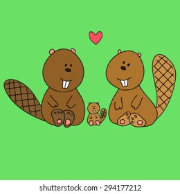 Hand drawn vector happy animal family. Beaver
