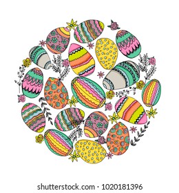 Hand drawn vector  Happy Easter day background. Colorful easter eggs, spring flowers, blossom.