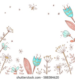Hand drawn vector happy easter greeting card with handwritten text and flowers. Floral background. Cartoon style.