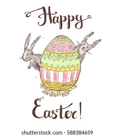 Hand drawn vector happy easter greeting card with handwritten text and flowers. Floral background. Cartoon style.