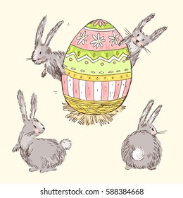 Hand drawn vector happy easter greeting card with handwritten text and flowers. Floral background. Cartoon style.